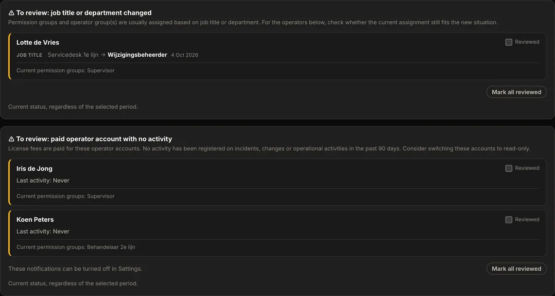 Two review cards in the Operator License Management view of AureaDesk: operators whose job title or department has changed, with their current permission groups, and paid operator accounts with no activity in the past 90 days. Example data.