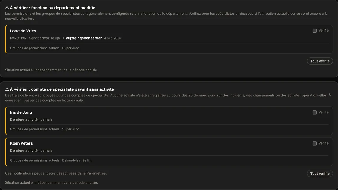 Deux cartes de contr&ocirc;le dans la vue Gestion des licences de sp&eacute;cialiste d&rsquo;AureaDesk&nbsp;: les sp&eacute;cialistes dont la fonction ou le d&eacute;partement a chang&eacute;, avec leurs groupes de permissions actuels, et les comptes de sp&eacute;cialiste payants sans activit&eacute; au cours des 90 derniers jours. Donn&eacute;es d&rsquo;exemple.