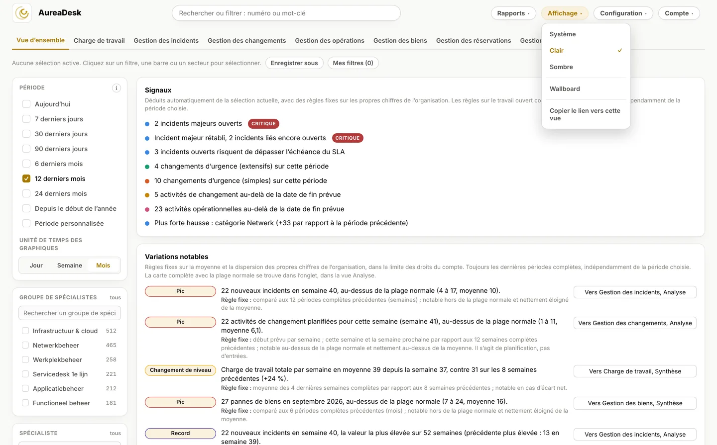 La Vue d&rsquo;ensemble d&rsquo;AureaDesk en th&egrave;me clair, avec le menu Affichage ouvert et l&rsquo;option Clair s&eacute;lectionn&eacute;e.