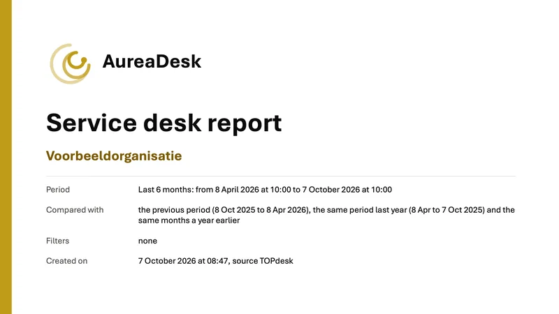 Title slide of a PowerPoint export from AureaDesk: Service desk report for Voorbeeldorganisatie, with the period, the comparison and the filters.