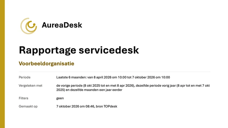 Titeldia van een PowerPoint-export uit AureaDesk: Rapportage servicedesk voor Voorbeeldorganisatie, met de periode, de vergelijking en de filters.