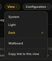The opened View menu in AureaDesk with the options System, Light, Dark, Wallboard and Copy link to this view.