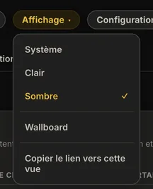 Le menu Affichage ouvert dans AureaDesk avec les options Syst&egrave;me, Clair, Sombre, Wallboard et Copier le lien vers cette vue.