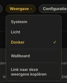 Het geopende menu Weergave in AureaDesk met de keuzes Systeem, Licht, Donker, Wallboard en Link naar deze weergave kopi&euml;ren.